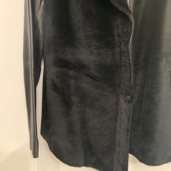 Saks Fifth Avenue Black Leather and Sheared Sheepskin Fur Coat - Picture 6 of 6